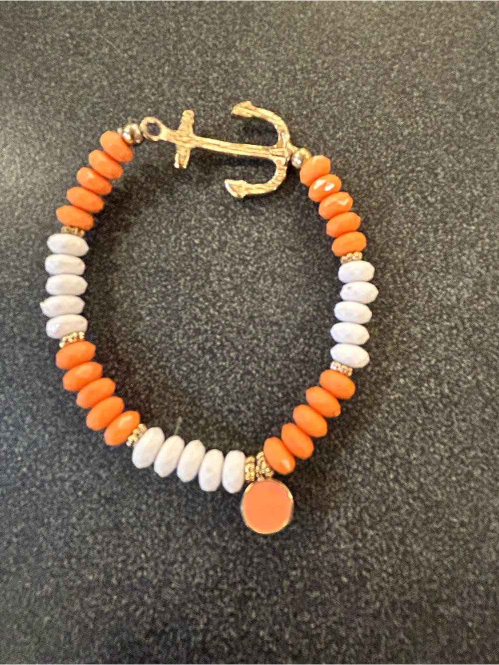 Gold Anchor Orange and White Beaded Stretch Bracelet